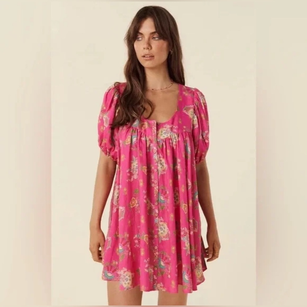 SPELL $249 pink floral solstice linen tunic dress 3X